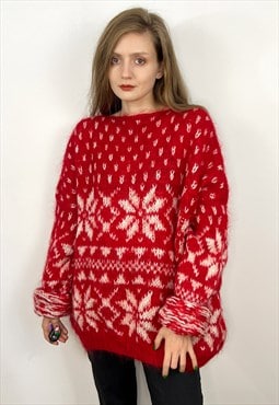 Vintage Oversized Sweater, Nordic Red Wool Jumper