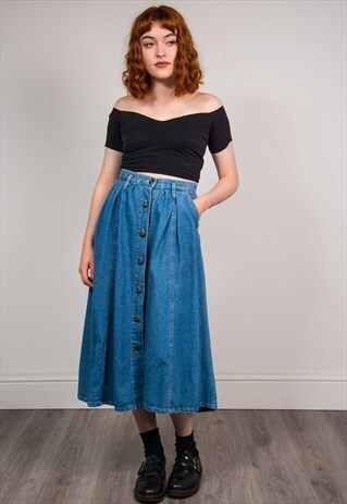 90'S VINTAGE BLUE DENIM BOHO HIPPIE MIDI SKIRT