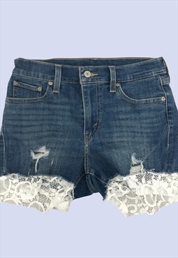 Dark Wash Blue Distressed Cotton Lace Trim Denim Shorts