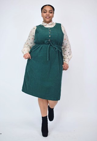 VINTAGE 90'S BOTTLE GREEN LONG CORDUROY PINAFORE DRESS