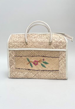 50's Ladies Straw Beige Box Embroidered Floral Bag