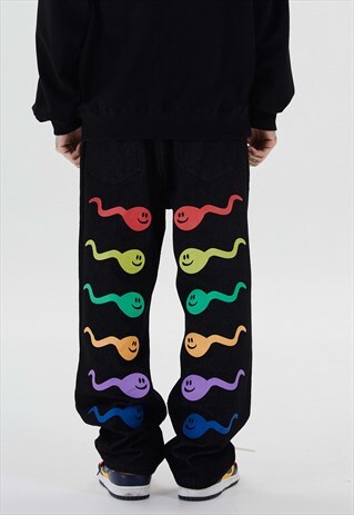 UNUSUAL CARTOON JEANS GRAFFITI RAINBOW DENIM OVERALLS