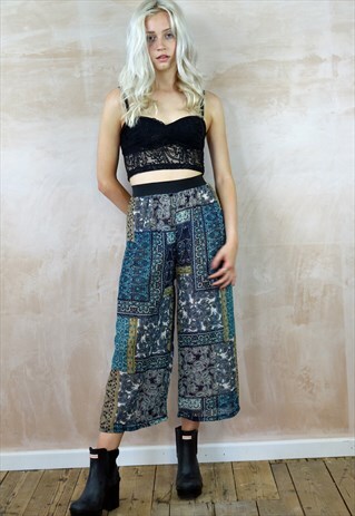 PATCHWORK PRINT CHIFFON CROP PANTS