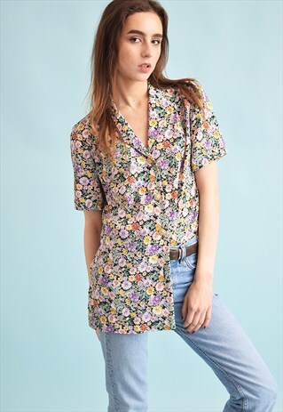90'S RETRO FLORAL PRINT OVERSIZED MOMS BLOUSE TOP