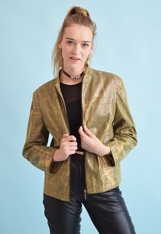 90'S RETRO CLASSIC CUT SNAKESKIN PRINT SHIMMER JACKET TOP
