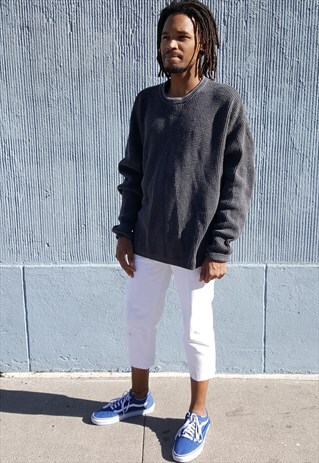 90S OVERSIZE LUXURY GREY WAFFLE KNIT LINEN BLEND JUMPER