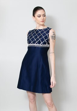 60's Vintage Blue Sleeveless Shift Mini Dress Silver Sequins