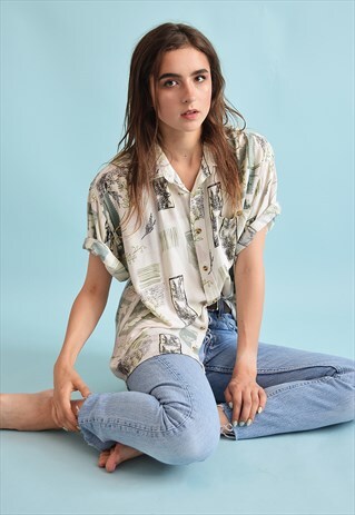 90'S RETRO FESTIVAL PLANT PRINT OVERSIZED DADS BLOUSE TOP
