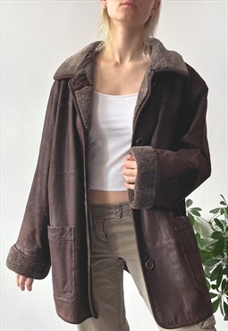 Vintage 90's Brown Oversized Suede Leather Button Up Coat