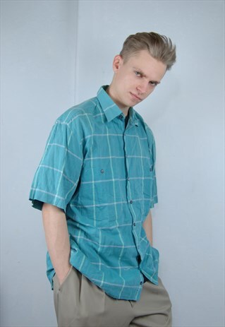 VINTAGE Y2K BRIGHT CHECKERED TURQUOISE INDIE FESTIVAL SHIRT