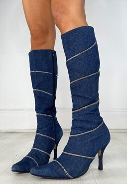 Vintage Y2k Boots Stiletto High Heels Zipper Denim 2000s
