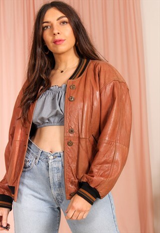 VINTAGE 80S BOMBER JACKET IN BROWN LEATHER