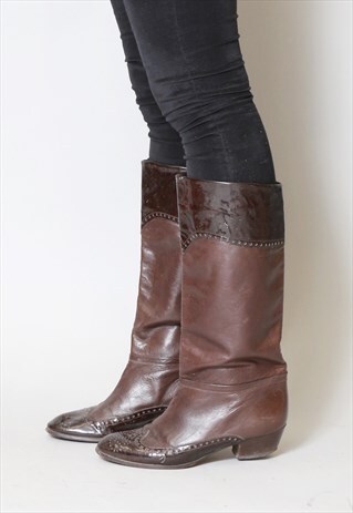 VINTAGE 1980'S BROWN PATENT DETAIL LEATHER BOOTS