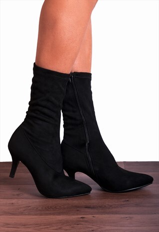 BLACK SOCK STRETCH KITTEN HEELS ANKLE HIGH BOOTS