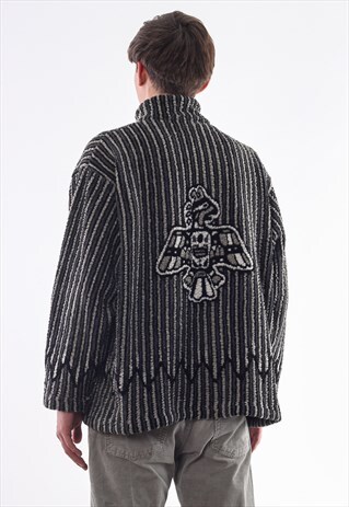 VINTAGE GRAPHIC PULLOVER HALF ZIP JACKET 90S GREY STRIPED