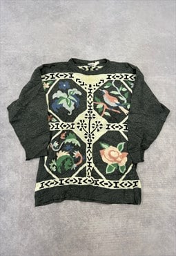 Vintage Knitted Jumper Flower Bird Patterned Knit Sweater