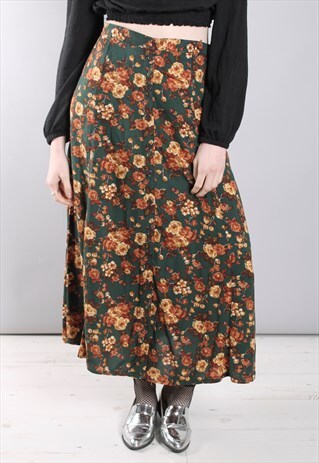 VINTAGE 80S GREEN FLORAL PATTERNED BUTTON MAXI SKIRT
