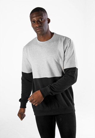 CONTRAST BLOCK JUMPER SWEATER PULLOVER - HEATHER GREY/BLACK