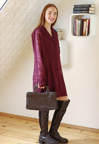 BURGUNDY FLORAL LONG SLEEVE SHIRT STYLE DRESS