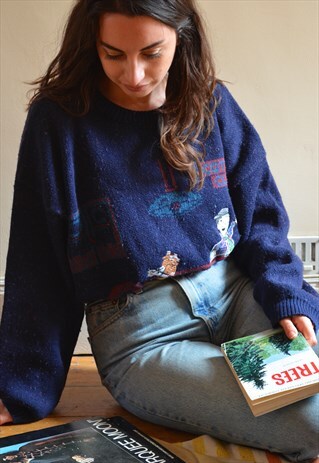 80S VINTAGE CARTOON MOTIF BLUE AND RED KNIT JUMPER