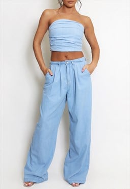 Pleated Denim Bandeau Top And Flare Jeans In Blue
