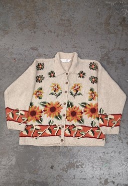 Vintage Knitted St Michael Cardigan Flower Patterned Beige