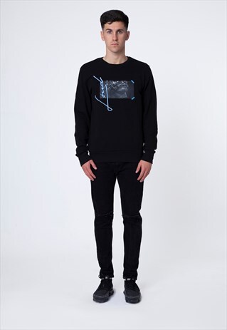 BLACK SWEATSHIRT WITH BLUE ATHEN PRINT AND EMBROIDERY