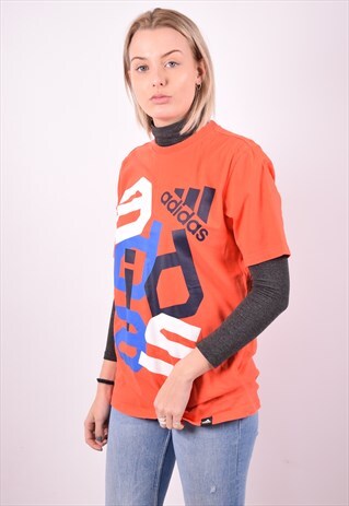 ADIDAS WOMENS VINTAGE T-SHIRT TOP LARGE ORANGE 90S