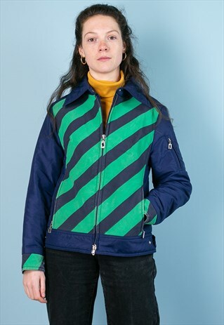 VINTAGE 1980'S SKI JACKET STRIPED GREEN AND BLUE