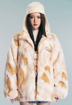 Fleece jacket abstract fluffy bomber animal print coat brown