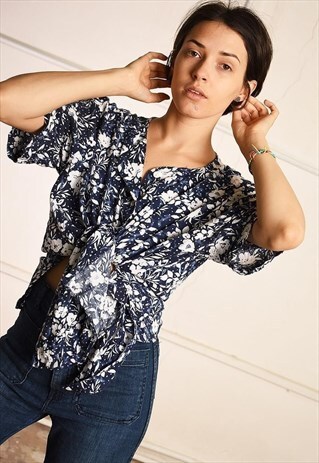90'S RETRO FLORAL PRINT FESTIVAL PARIS CHIC BLOUSE TOP