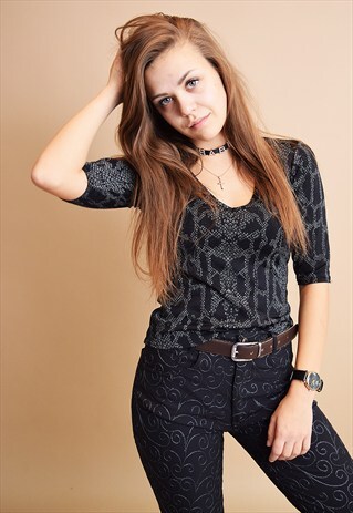 COOL 90'S RETRO MONOCHROME SNAKESKIN LYCRA BLOUSE TOP