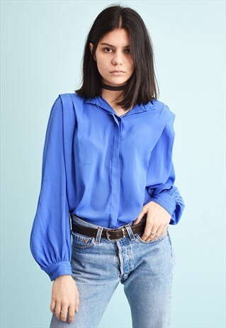 80'S RETRO PUFF-SLEEVE DRAPED MOMS SHIRT TOP