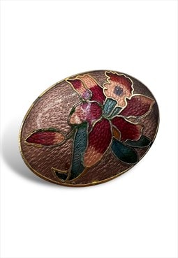 Vintage floral Brooch Pin oval cloisonne enamel Gold Pink