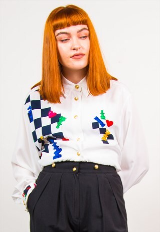 VINTAGE 90'S WHITE CHESS PATTERN SHIRT BLOUSE