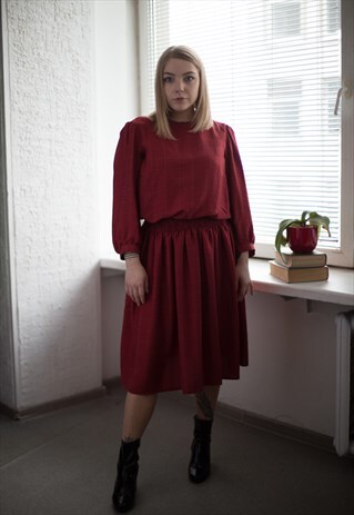 VINTAGE 80'S MIDI COPPER RED LONG SLEEVED DRESS