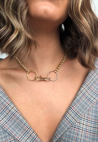 22" DOUBLE CLASP PENDANT CURB NECKLACE CHAIN - GOLD