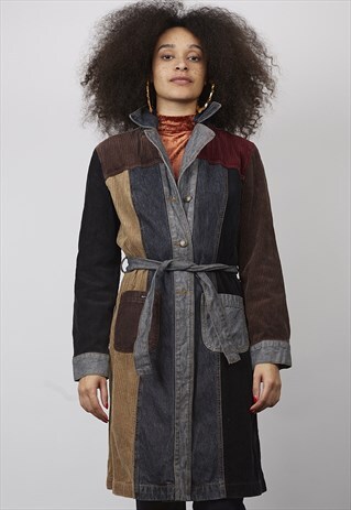 VINTAGE 90'S MELROSE PATCHWORK DENIM/ CORDUROY TRENCH COAT