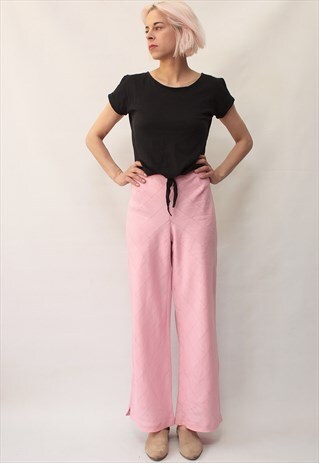 VINTAGE 70' UNIQUE PASTEL PINK LINEN FLARES TROUSERS