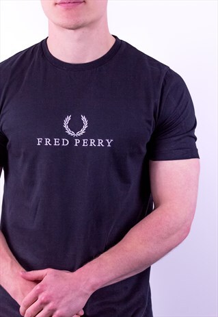 VINTAGE FRED PERRY EMBROIDERY SPELL OUT T-SHIRT IN BLACK