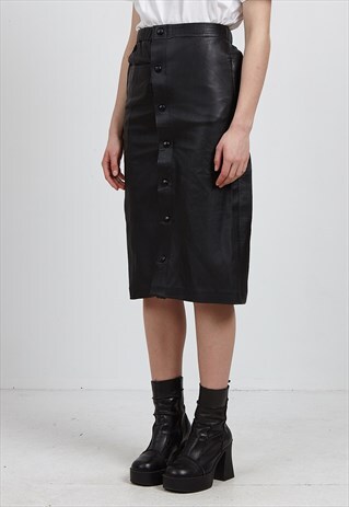 VINTAGE BLACK LEATHER HIGH WAISTED MIDI PENCIL SKIRT