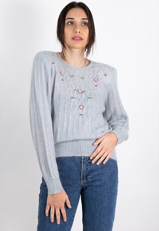 VINTAGE 80S KNITTED JUMPER EMBROIDERY SWEATER / SP202250