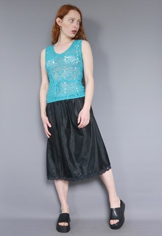 VINTAGE 90S BLACK LACE TRIM MIDI SKIRT