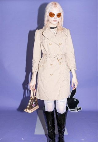 Y2K Vintage cute ruffle hem trench coat in classic beige