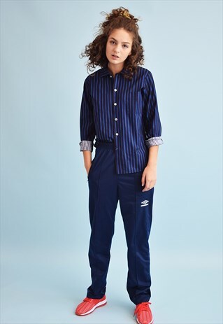 90'S RETRO MARIMEKKO NAVY BLUE STRIPED PRINT SHIRT TOP