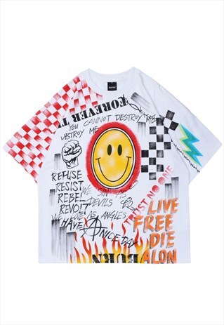 KALODIS GRAFFITI SMILEY FLAME PRINT STREET FASHION T-SHIRT