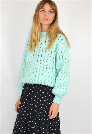 VINTAGE 70S TURQUOISE BLUE CHUNKY CABLE KNITTED JUMPER