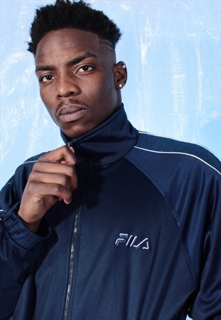 VINTAGE FILA NAVY TRACK JACKET WITH EMBOSSED SLEEVE TAPING