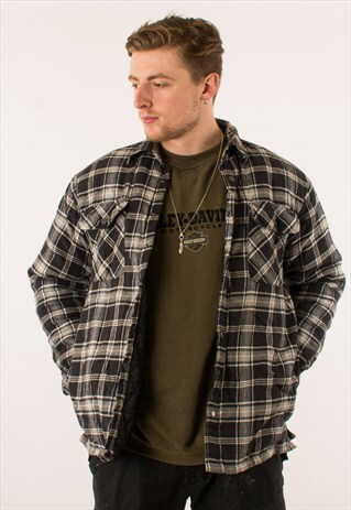 VINTAGE 90S BLACK STRIPED PLAID FLANNEL QUILTED JACKET LARGE