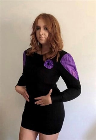 HANDMADE BLACK PURPLE FLOWER 80S 90S DRESS